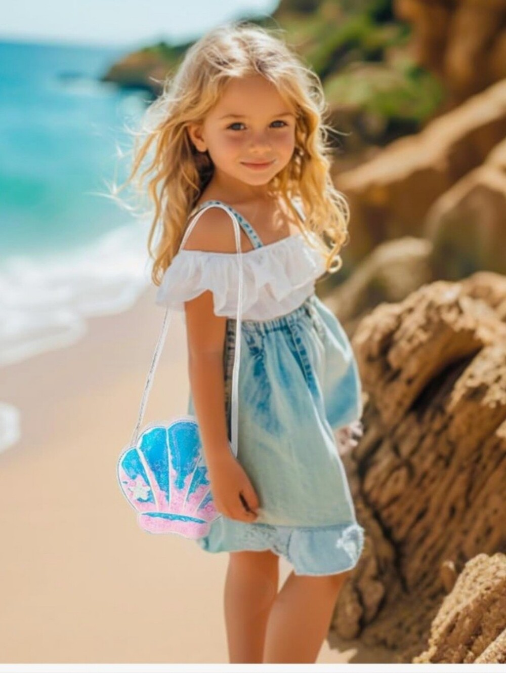 Seashell Crossbody Bag for Kids - Blue & Pink Sparkle